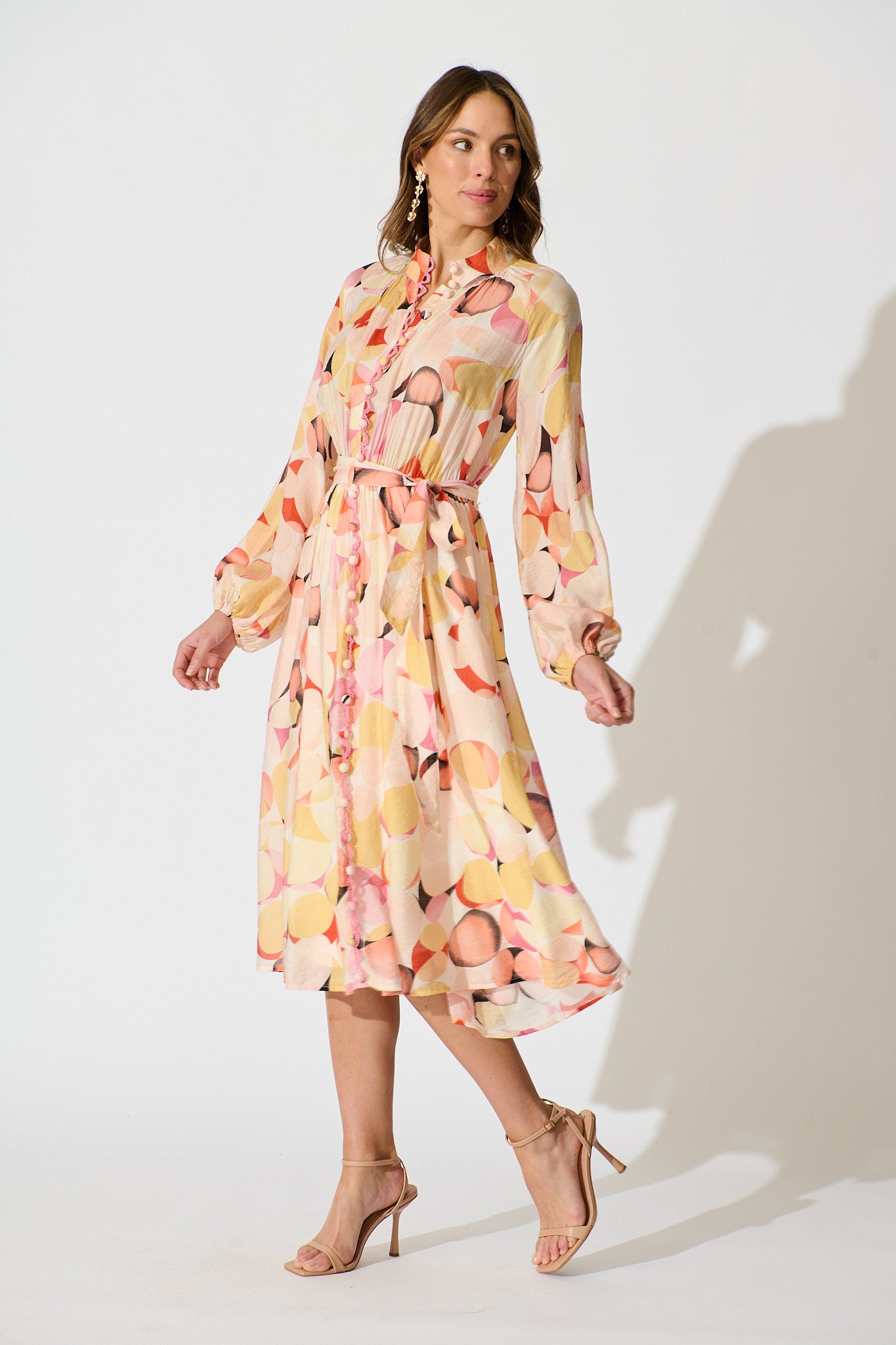 Isabeau Midi Dress in Pink with Multi Watercolour Spot