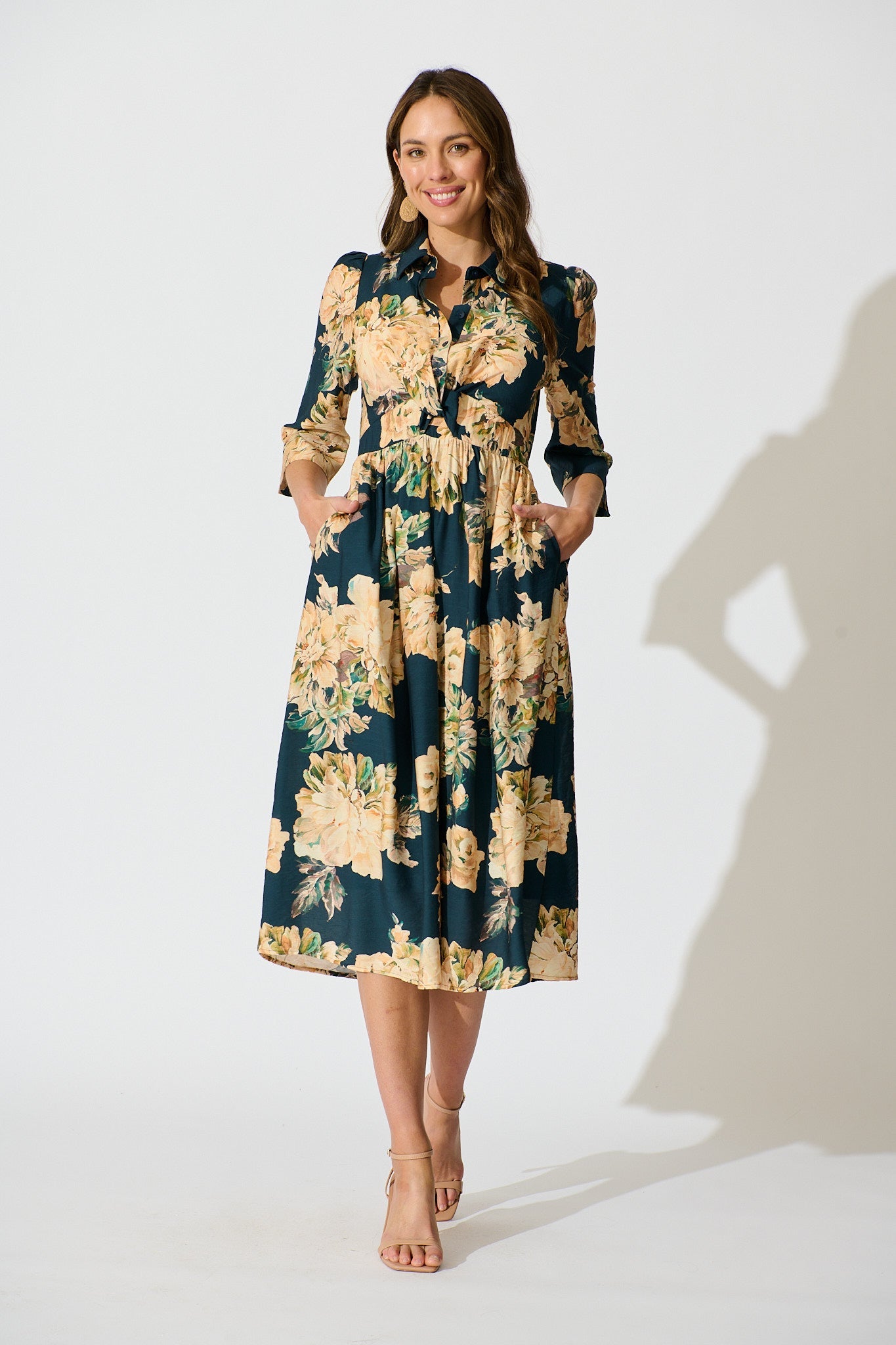 Bloom Midi Dress in Teal with Cream Floral