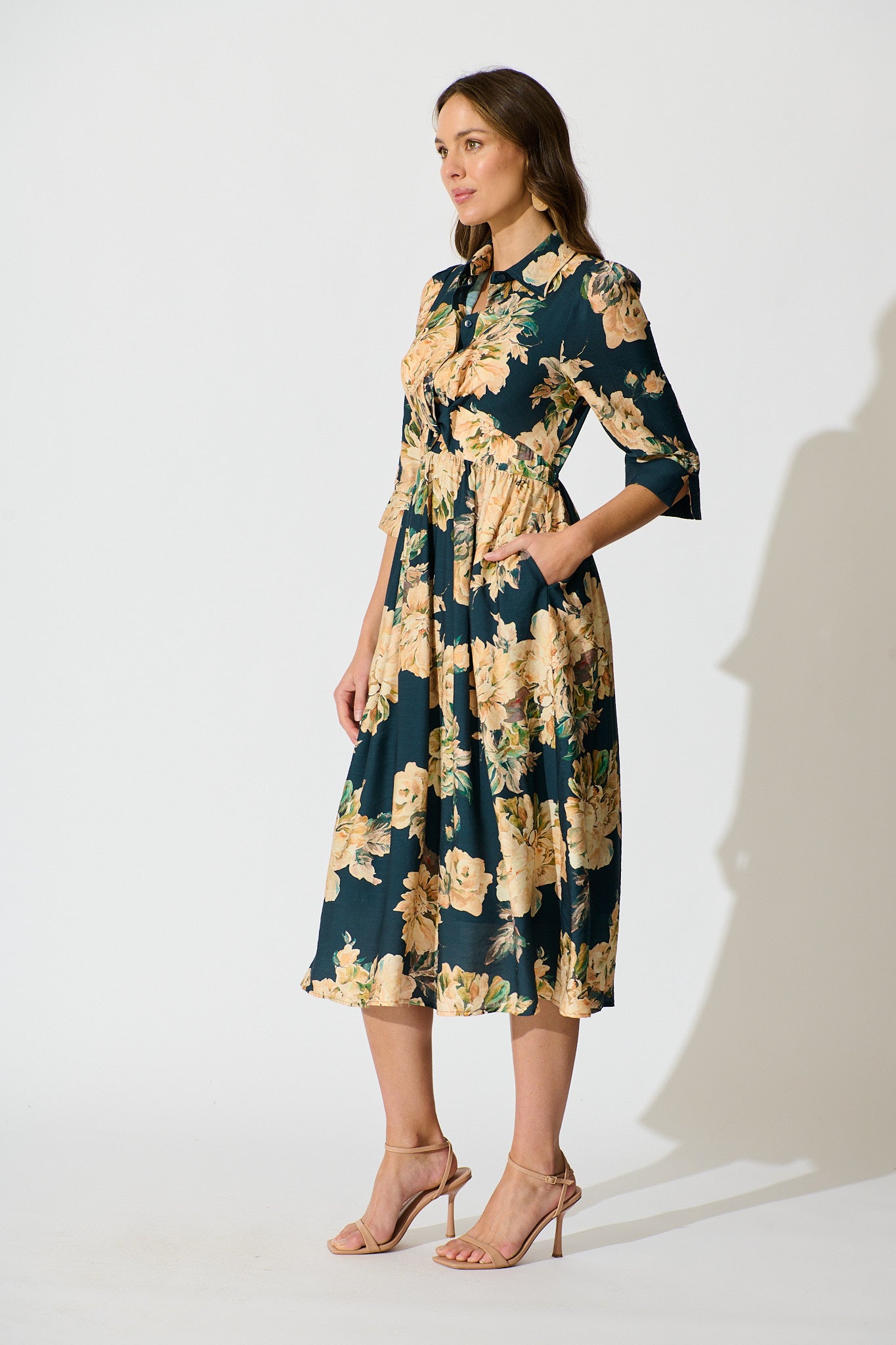 Bloom Midi Dress in Teal with Cream Floral