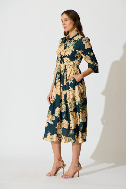 Bloom Midi Dress in Teal with Cream Floral