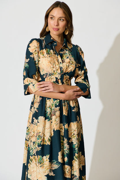 Bloom Midi Dress in Teal with Cream Floral
