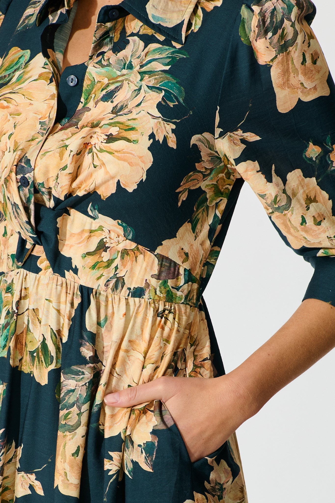 Bloom Midi Dress in Teal with Cream Floral