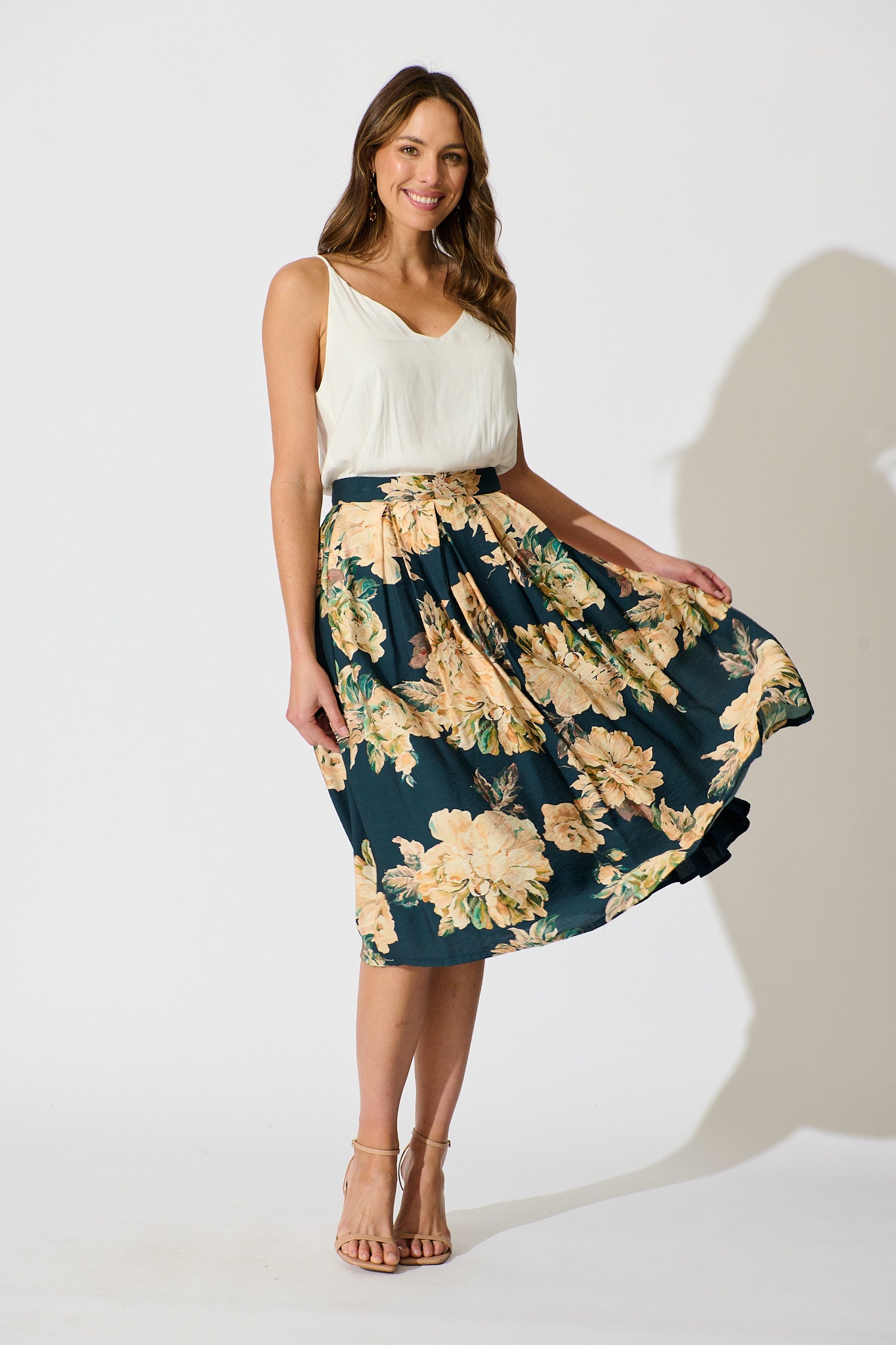 Fleurette Midi Skirt in Teal with Cream Floral