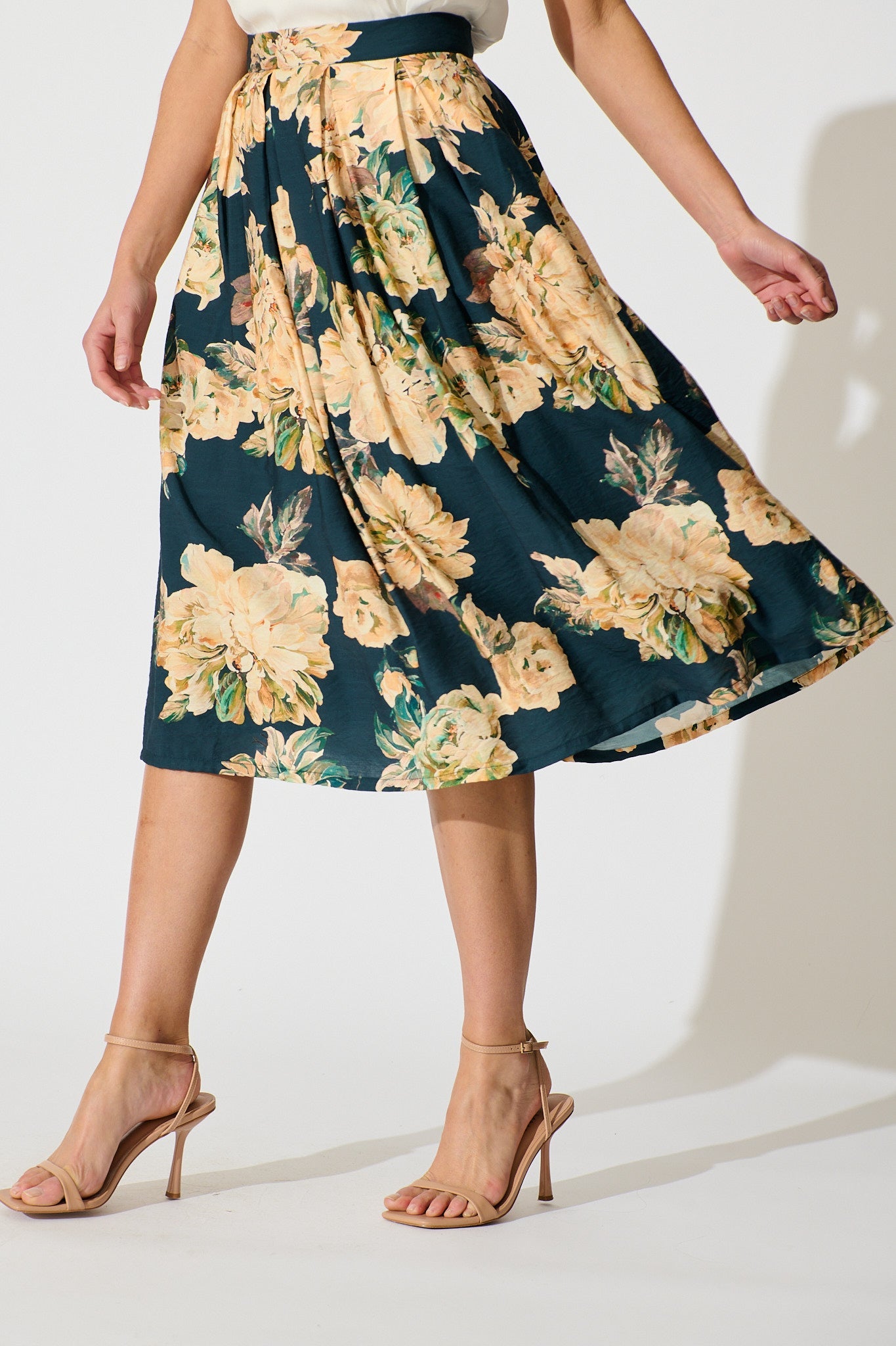 Fleurette Midi Skirt in Teal with Cream Floral