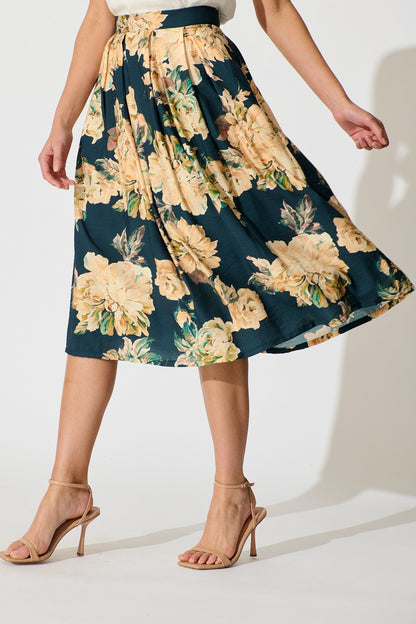 Fleurette Midi Skirt in Teal with Cream Floral