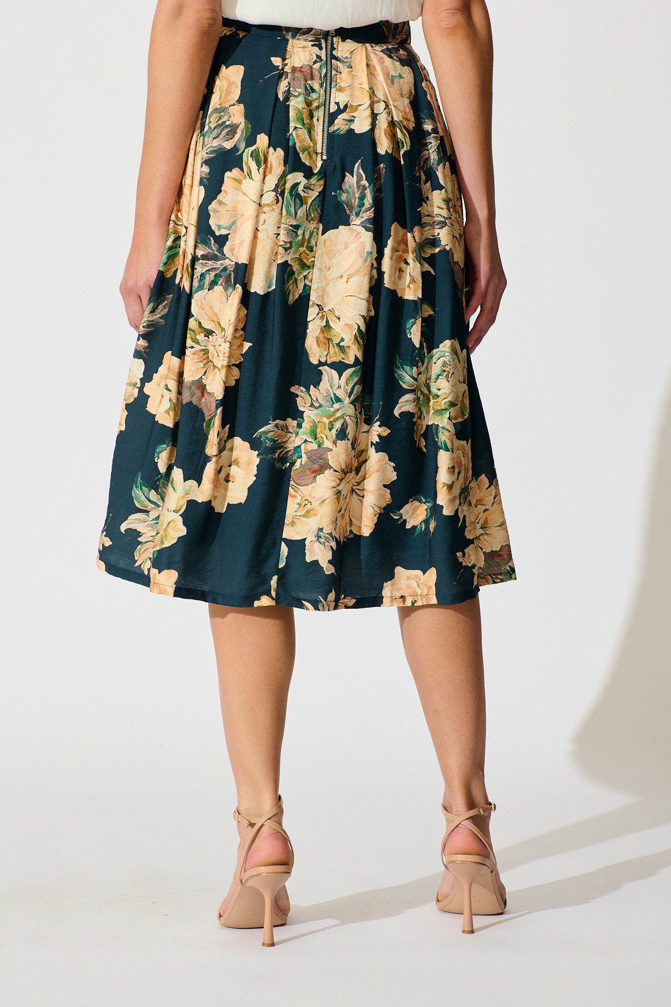 Fleurette Midi Skirt in Teal with Cream Floral