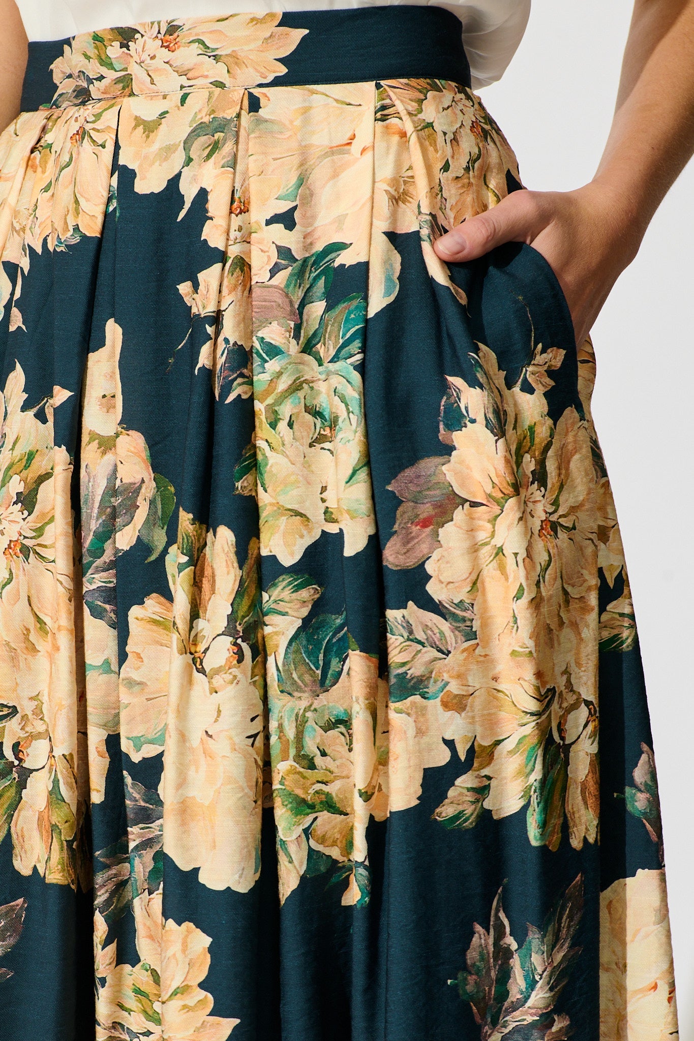 Fleurette Midi Skirt in Teal with Cream Floral
