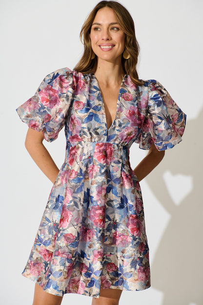 Paris Dreamer Dress in Navy with Pink Floral Organza