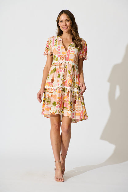 Hayati Smock Dress in Multi Beige Print With Ric Rac Trim