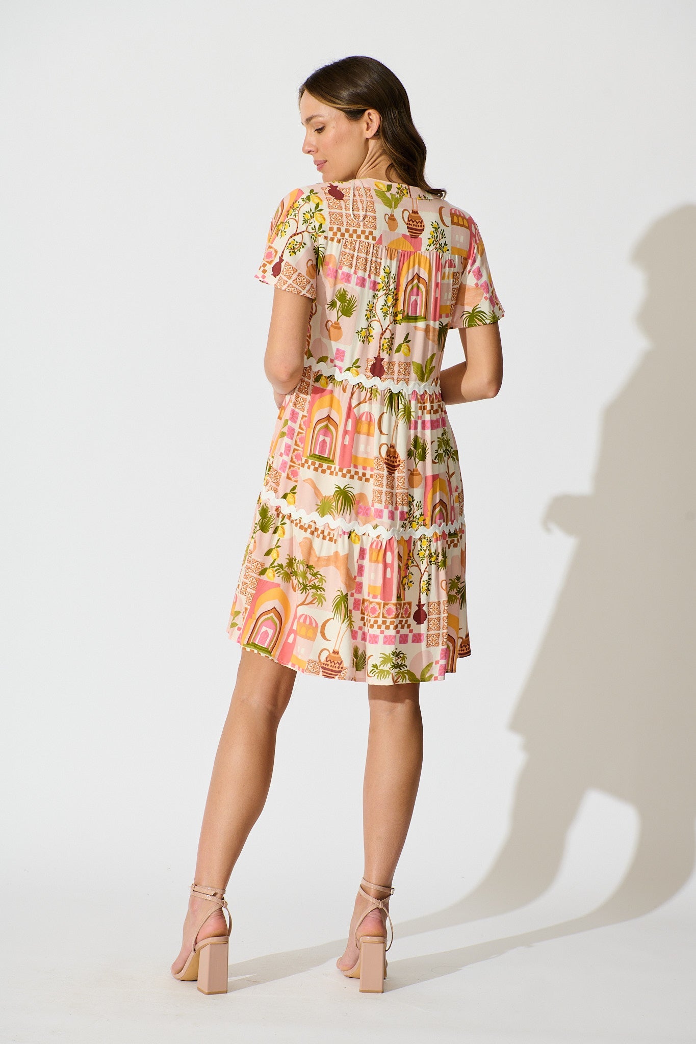 Hayati Smock Dress in Multi Beige Print With Ric Rac Trim