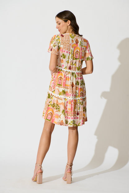 Hayati Smock Dress in Multi Beige Print With Ric Rac Trim