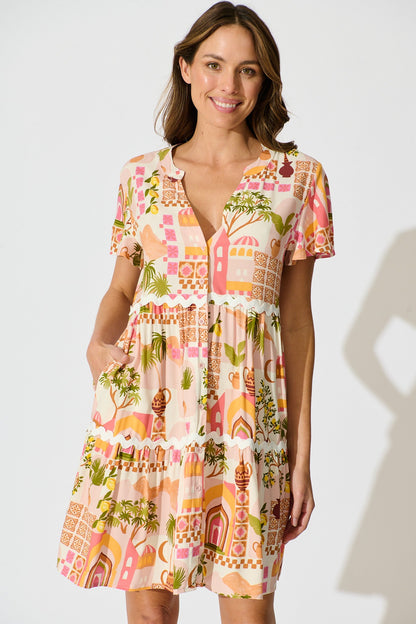 Hayati Smock Dress in Multi Beige Print With Ric Rac Trim