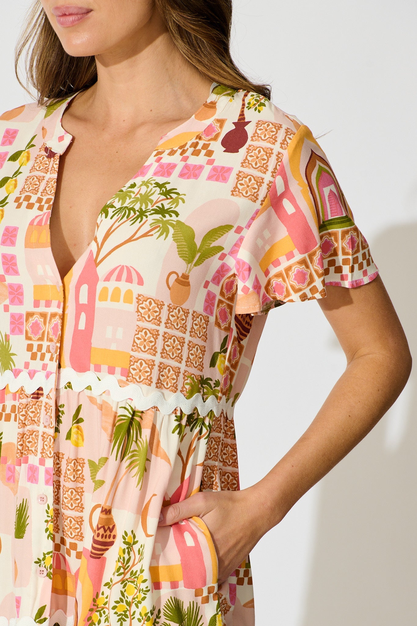 Hayati Smock Dress in Multi Beige Print With Ric Rac Trim