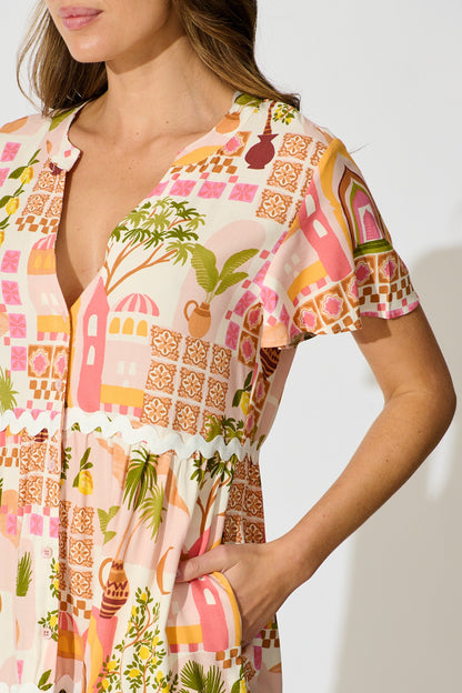 Hayati Smock Dress in Multi Beige Print With Ric Rac Trim