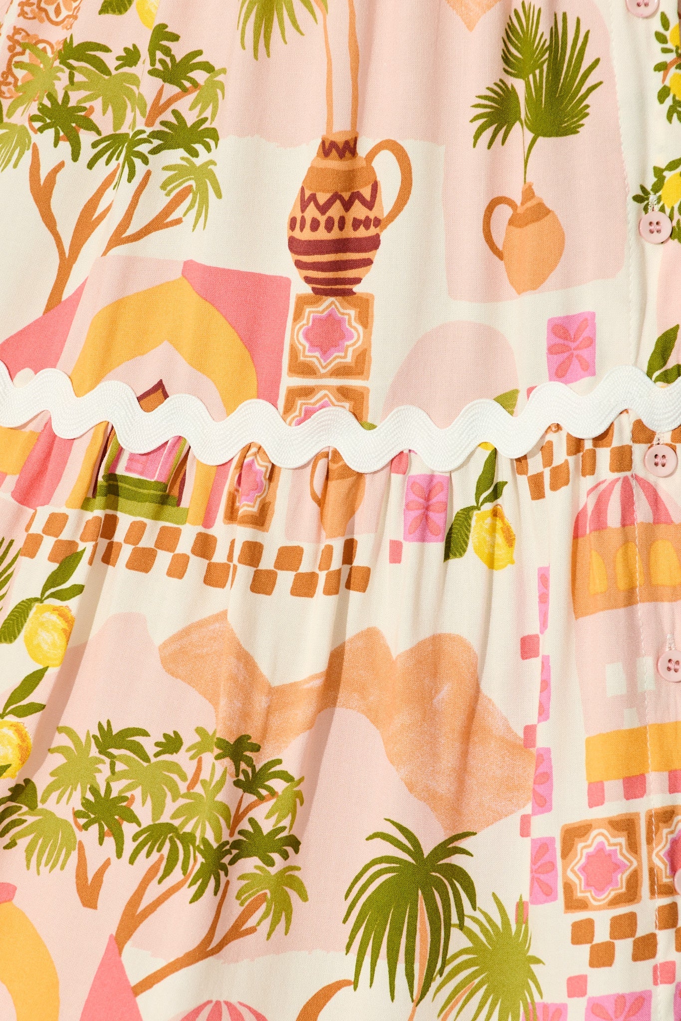 Hayati Smock Dress in Multi Beige Print With Ric Rac Trim