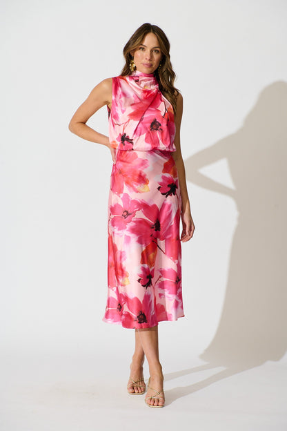 Visions Maxi Dress in Pink Floral Satin