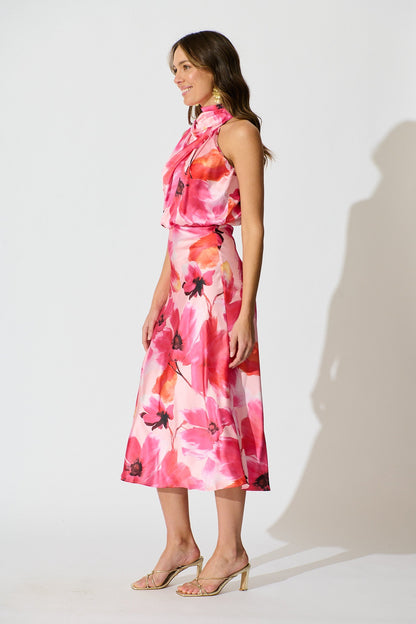 Visions Maxi Dress in Pink Floral Satin