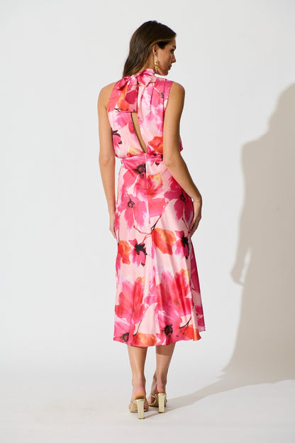 Visions Maxi Dress in Pink Floral Satin