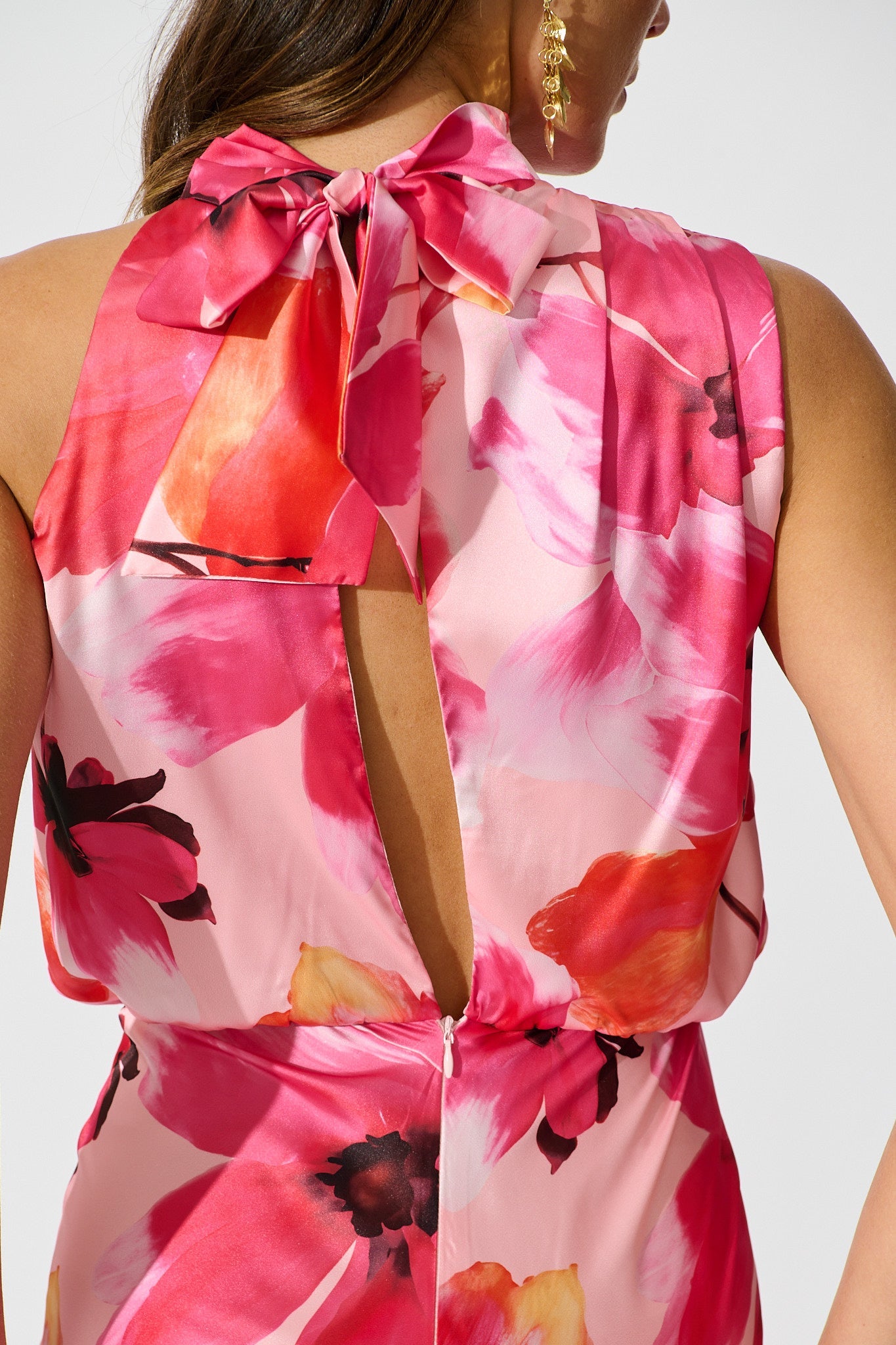 Visions Maxi Dress in Pink Floral Satin