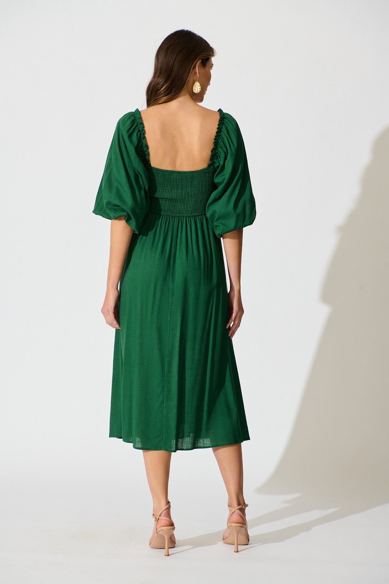 Solana Midi Dress in Emerald Linen Blend