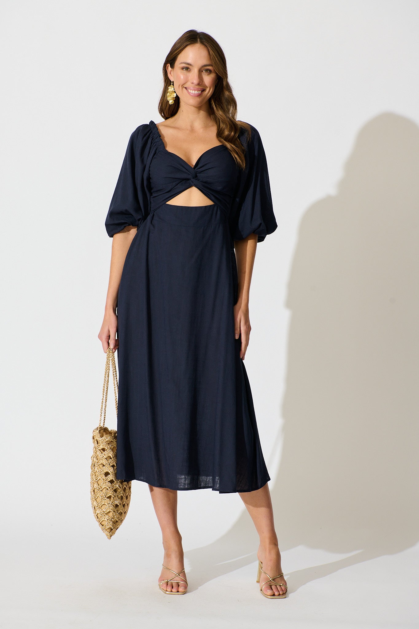 Solana Midi Dress in Navy Linen Blend