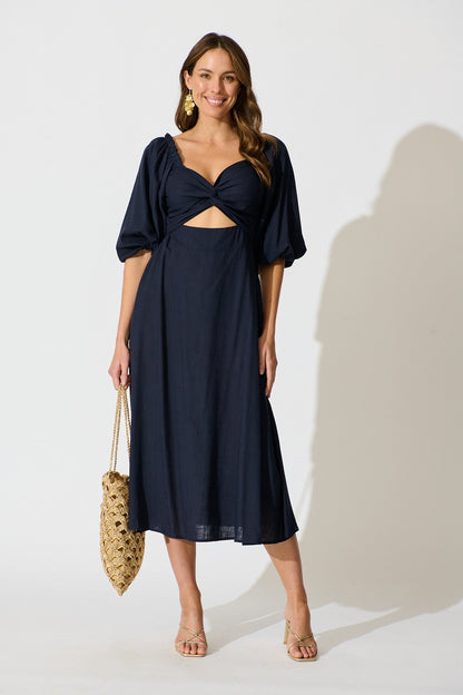 Solana Midi Dress in Navy Linen Blend