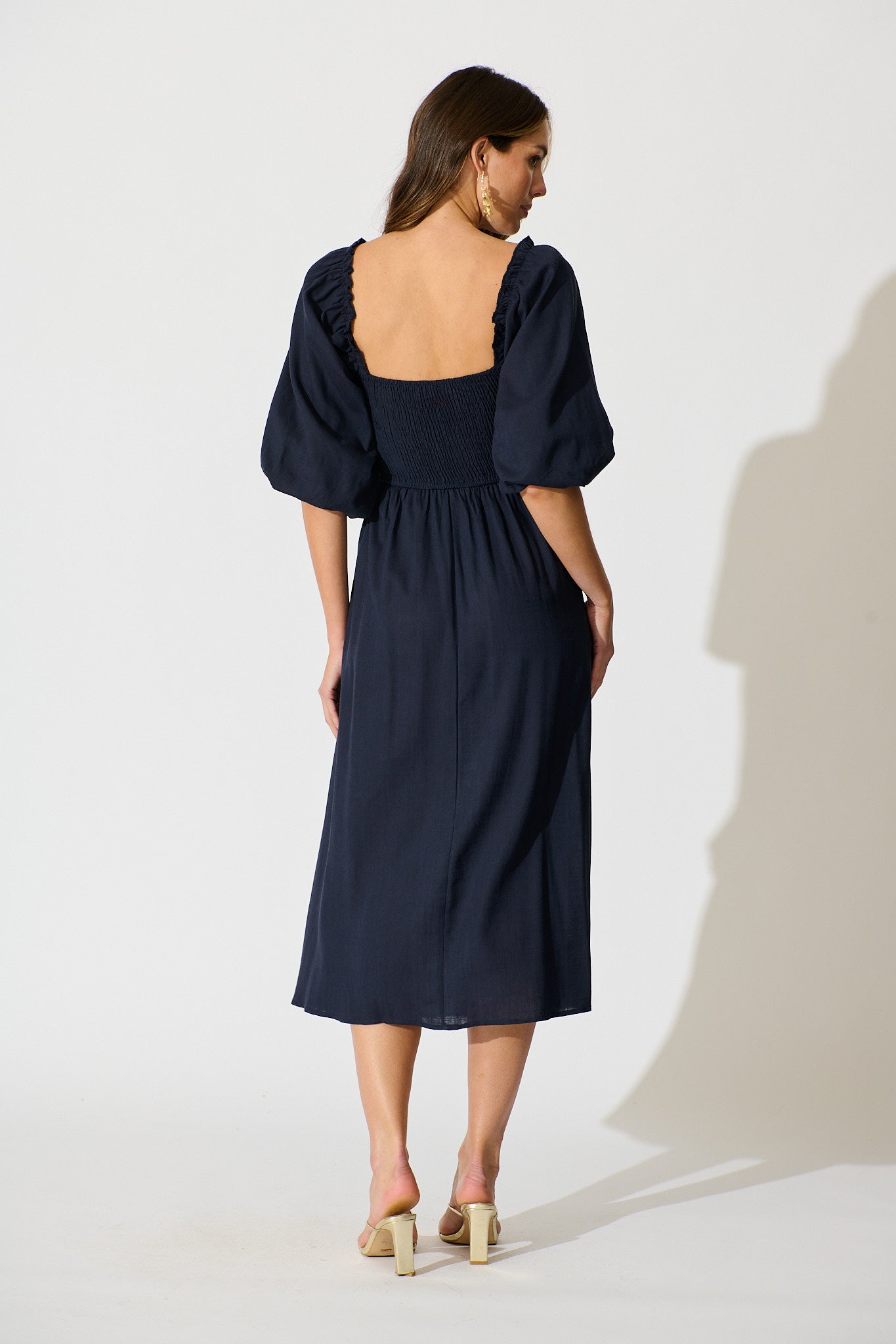 Solana Midi Dress in Navy Linen Blend