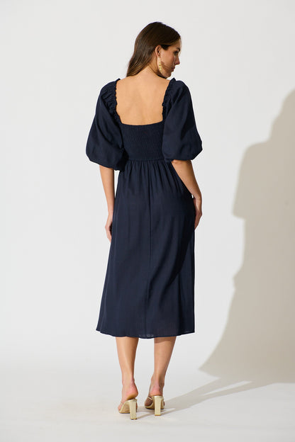 Solana Midi Dress in Navy Linen Blend