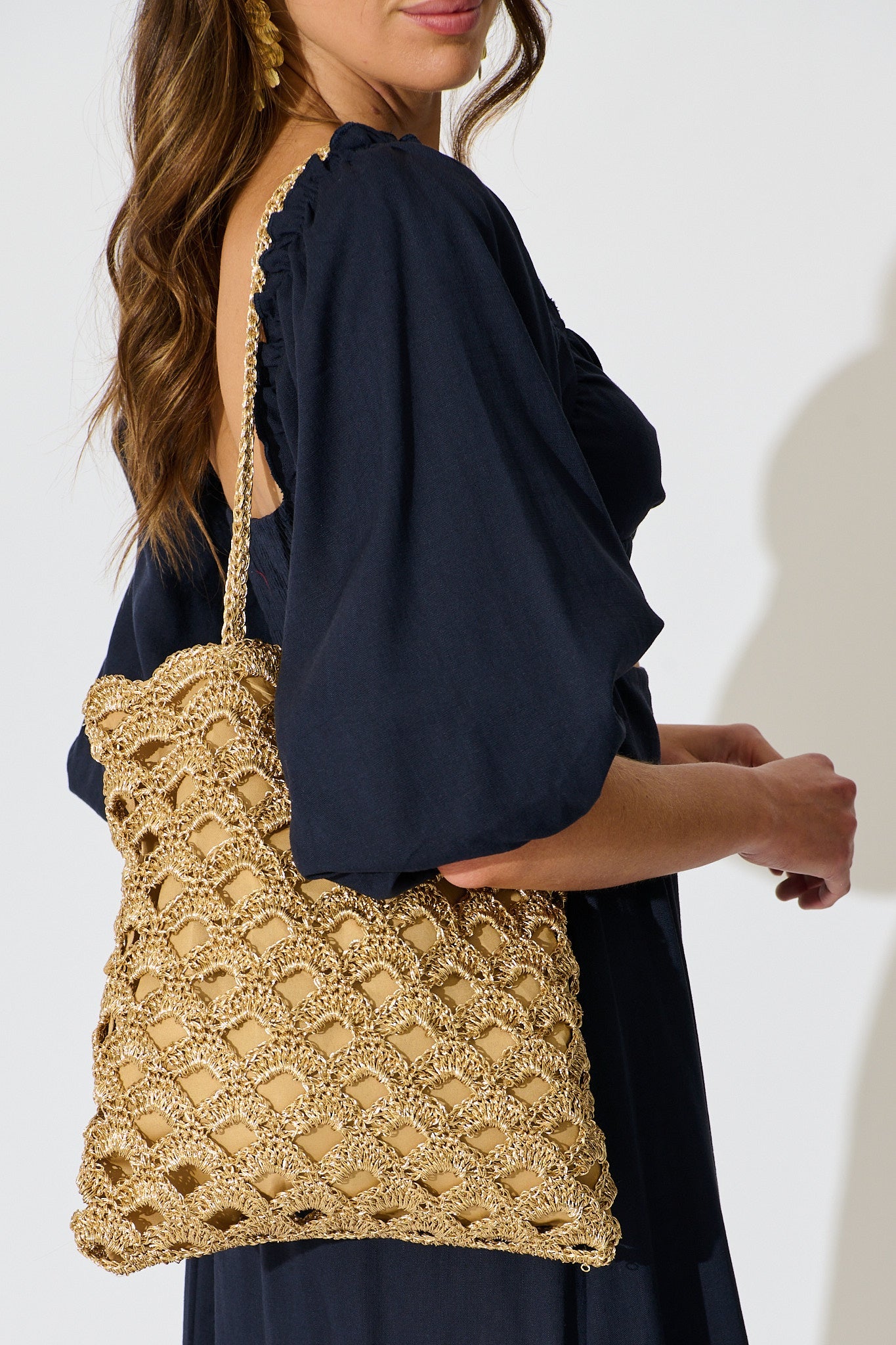 Sienna Tote Bag in Natural Gold Straw with Scallop Texture