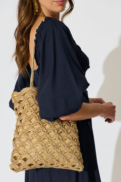 Sienna Tote Bag in Natural Gold Straw with Scallop Texture
