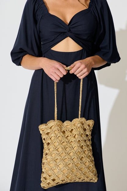 Sienna Tote Bag in Natural Gold Straw with Scallop Texture