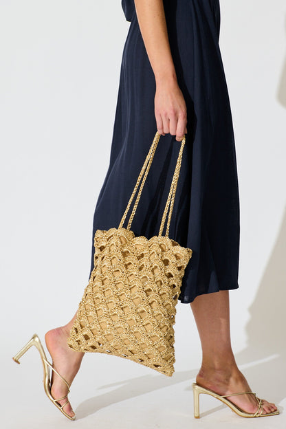 Sienna Tote Bag in Natural Gold Straw with Scallop Texture