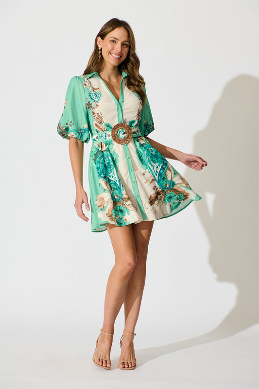 Enchanted Oasis Dress in Cream with Jade Print Linen Blend