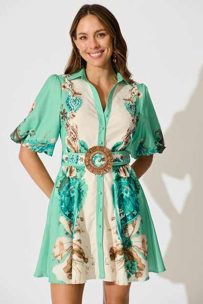 Enchanted Oasis Dress in Cream with Jade Print Linen Blend