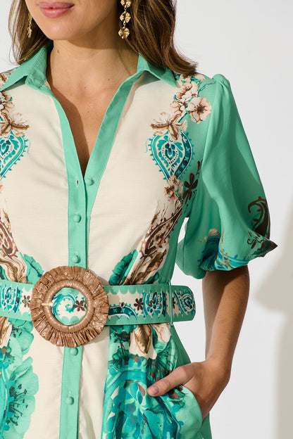 Enchanted Oasis Dress in Cream with Jade Print Linen Blend