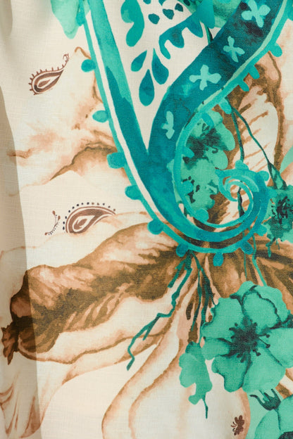 Enchanted Oasis Dress in Cream with Jade Print Linen Blend