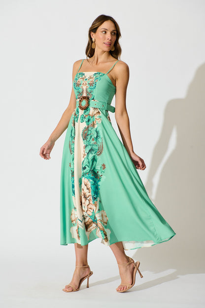 Whispers of Jade Sundress in Cream with Jade Print Linen Blend
