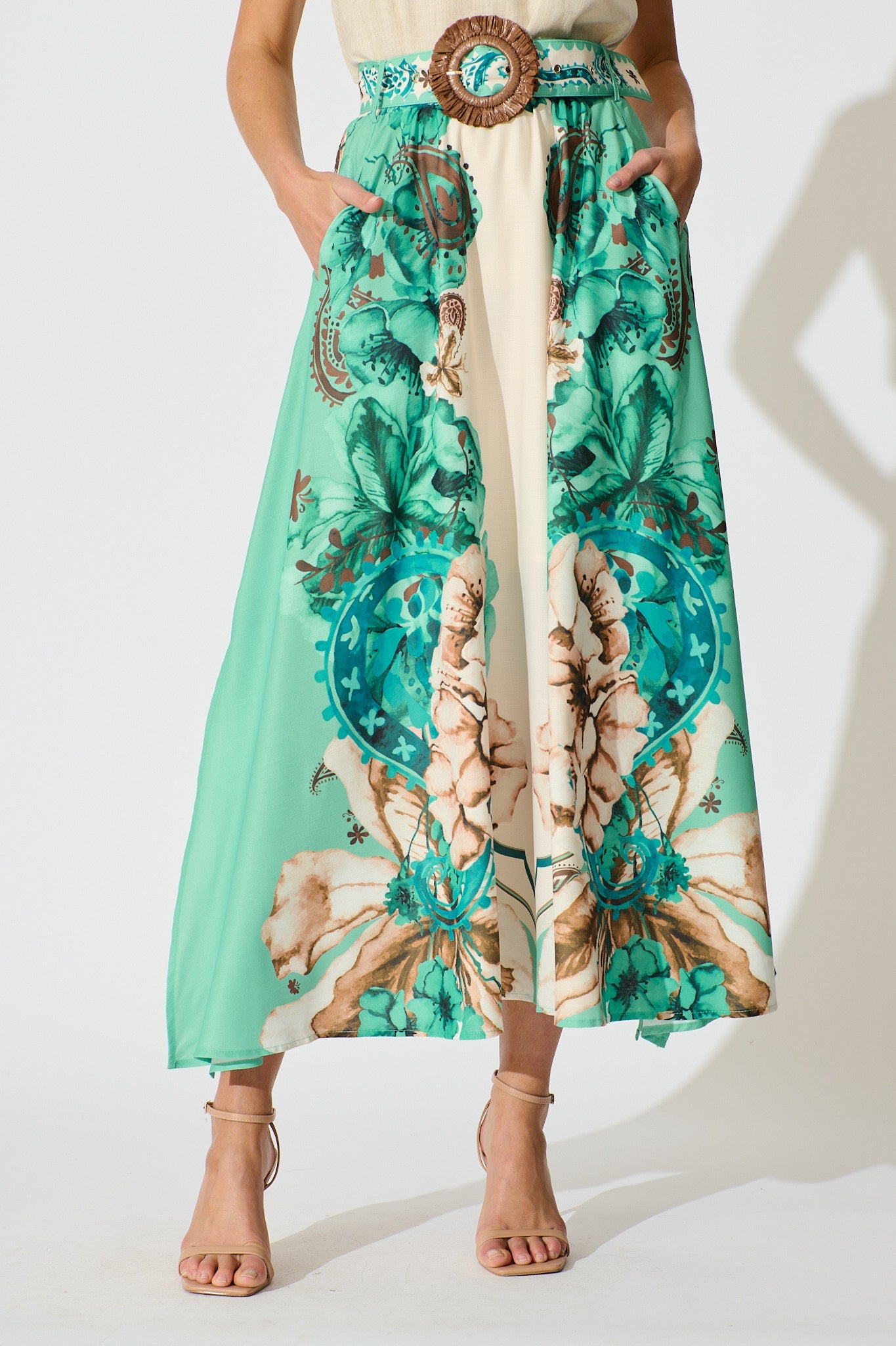 Boheme Breeze Skirt in Cream with Jade Print Linen Blend