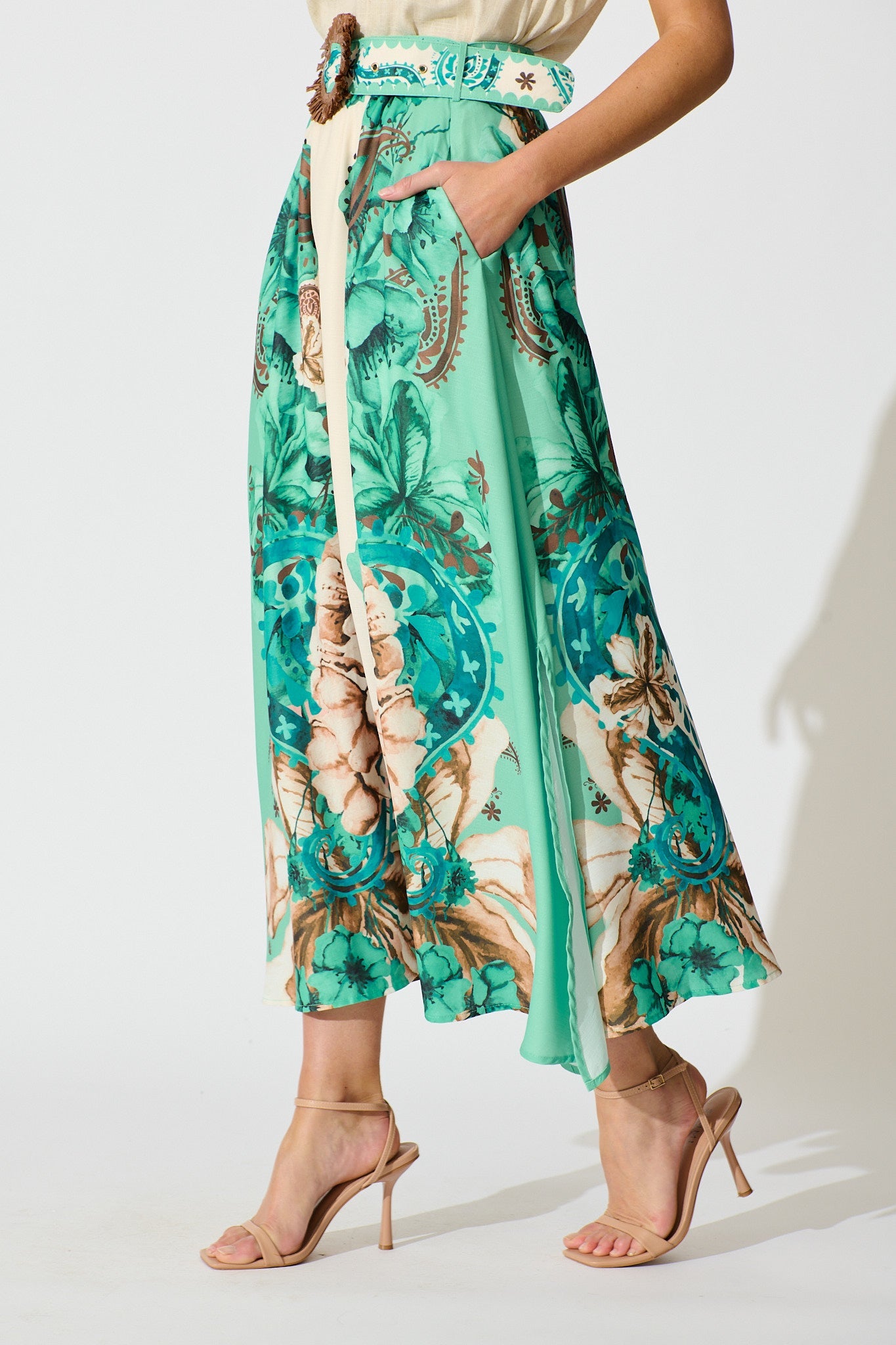 Boheme Breeze Skirt in Cream with Jade Print Linen Blend