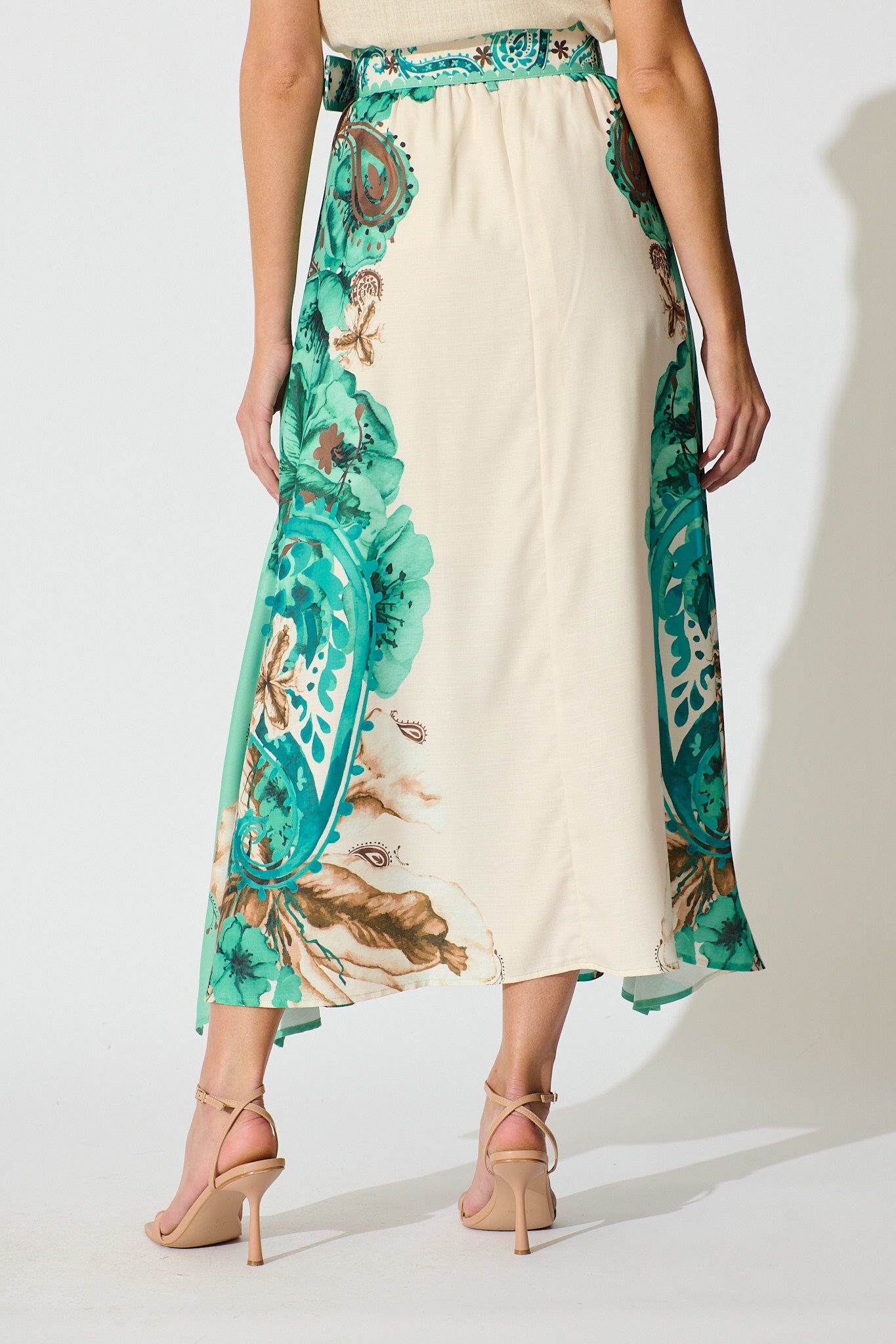 Boheme Breeze Skirt in Cream with Jade Print Linen Blend