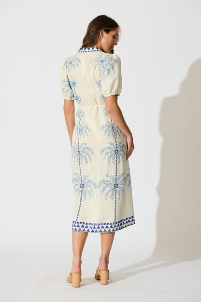 Palmira Midi Shirt Dress in Cream with Navy Palm Tree