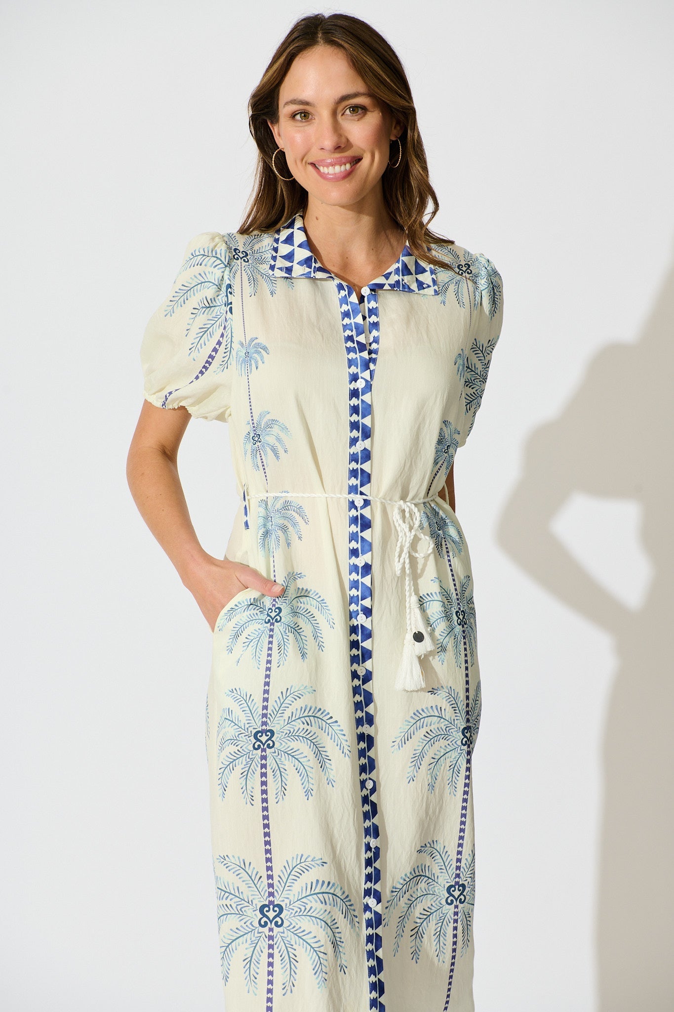 Palmira Midi Shirt Dress in Cream with Navy Palm Tree