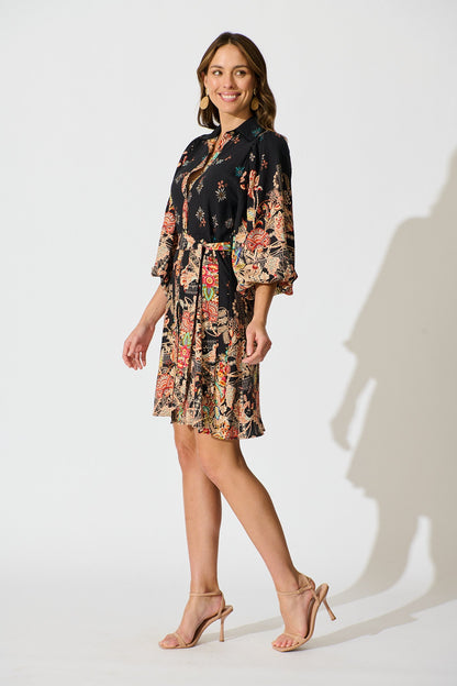 Starlet Boho Shirt Dress in Black Floral Linen Blend