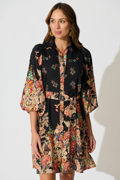 Starlet Boho Shirt Dress in Black Floral Linen Blend