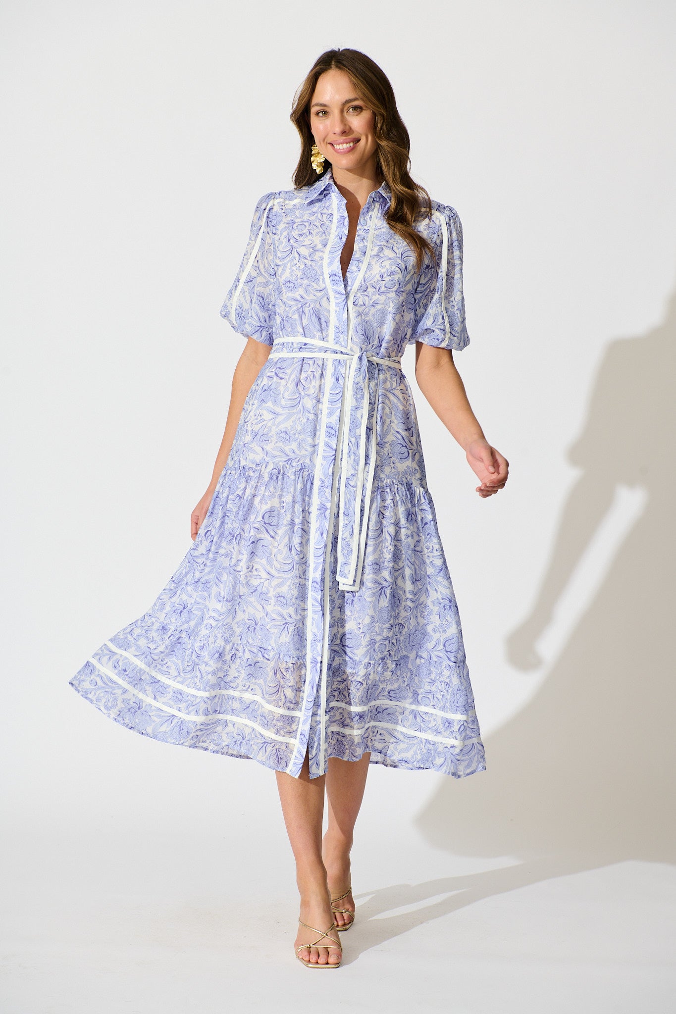 Zora Maxi Shirt Dress in Blue Floral Cotton Blend