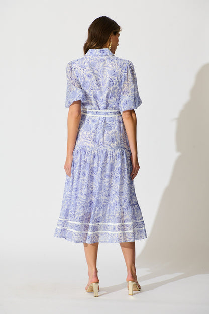 Zora Maxi Shirt Dress in Blue Floral Cotton Blend
