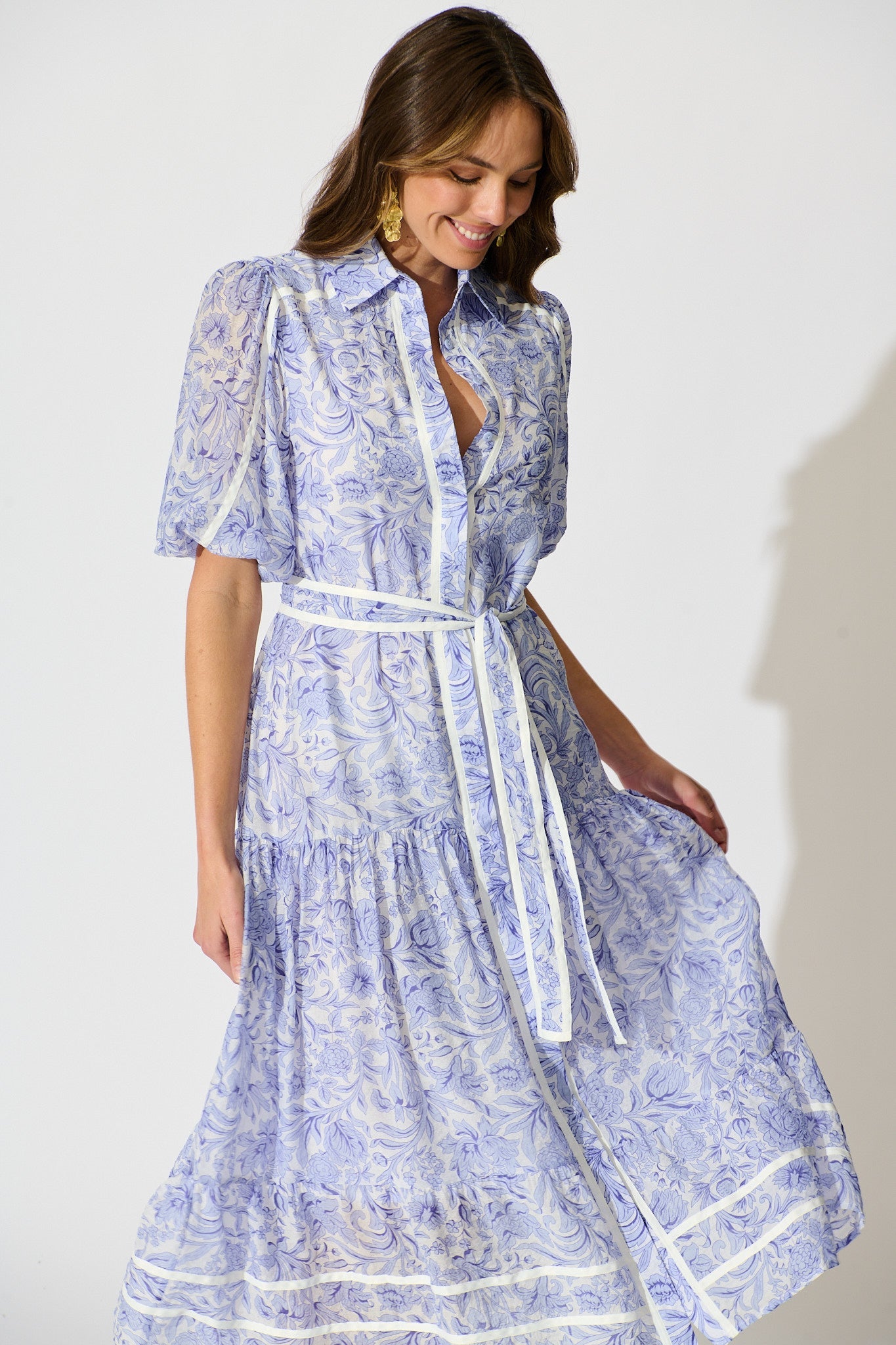 Zora Maxi Shirt Dress in Blue Floral Cotton Blend