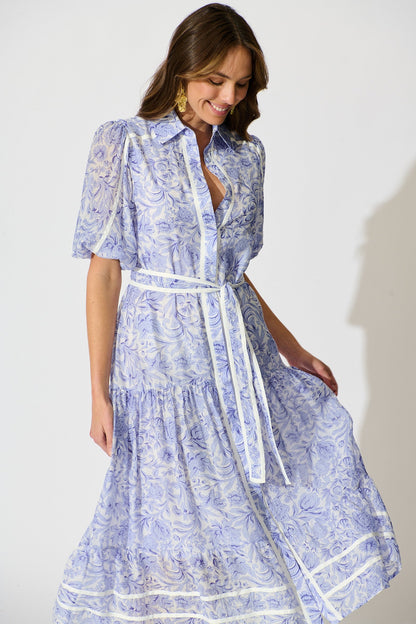 Zora Maxi Shirt Dress in Blue Floral Cotton Blend