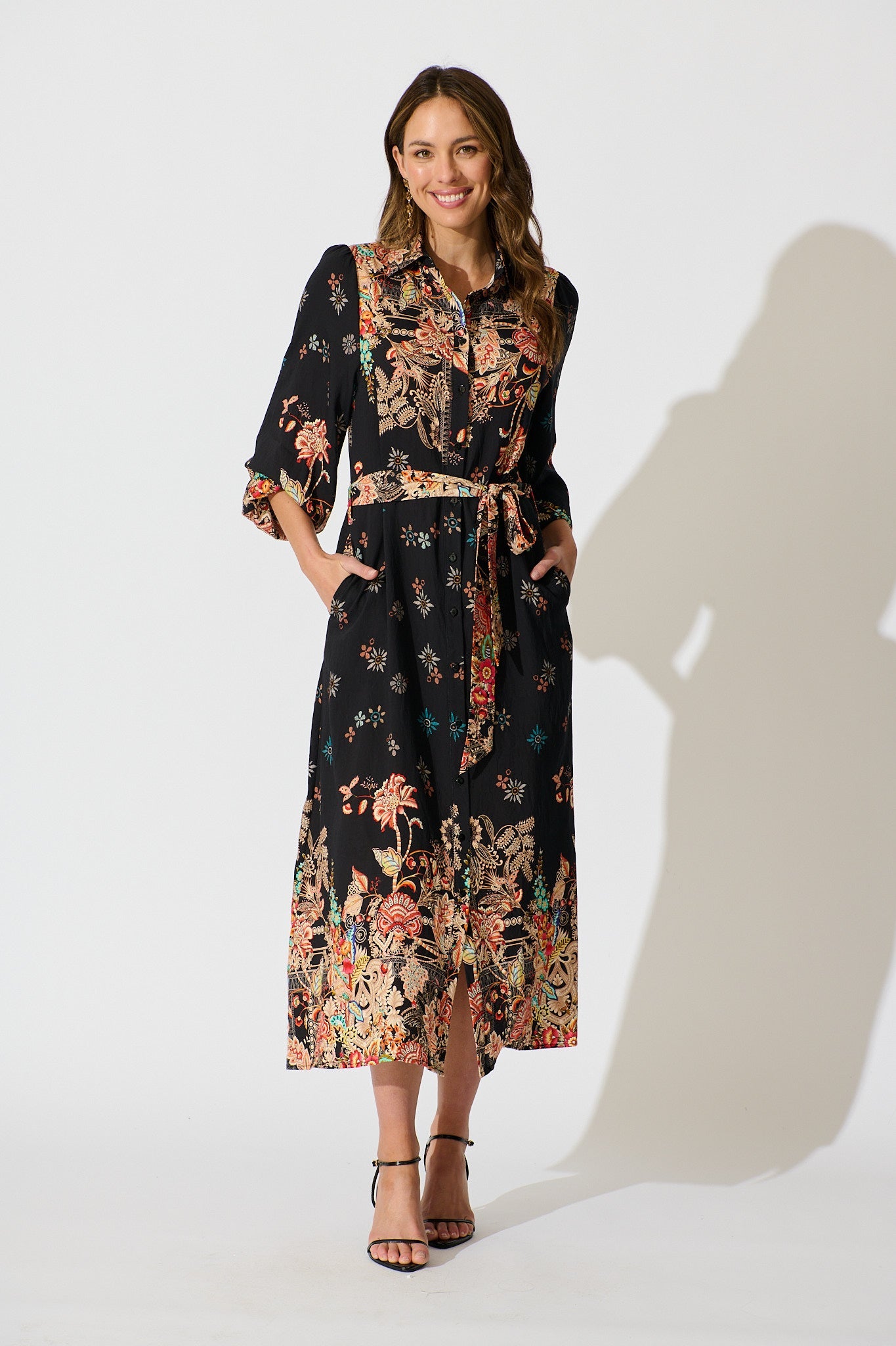 Tamlyn Maxi Shirt Dress in Black Floral Linen Blend