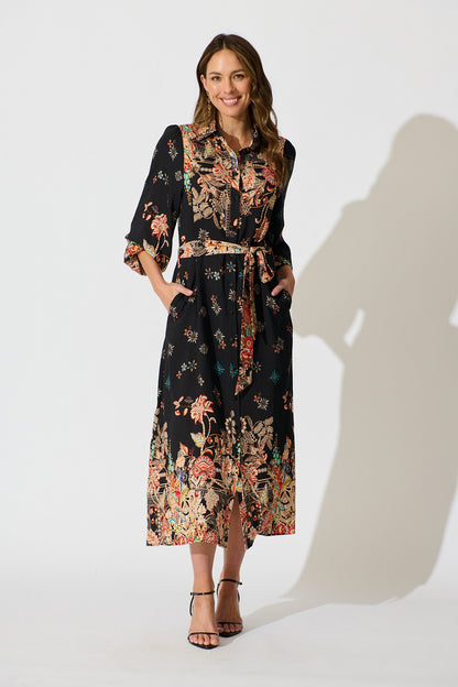 Tamlyn Maxi Shirt Dress in Black Floral Linen Blend